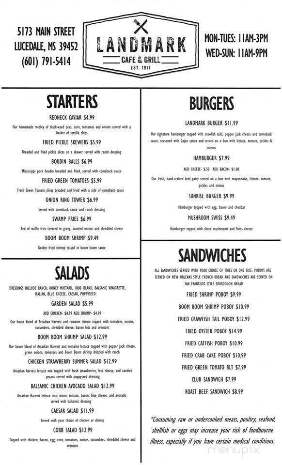 Menu of Landmark Cafe in Lucedale, MS 39452