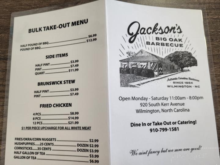 Jackson's Big Oak Barbecue - Wilmington, NC menu_pic