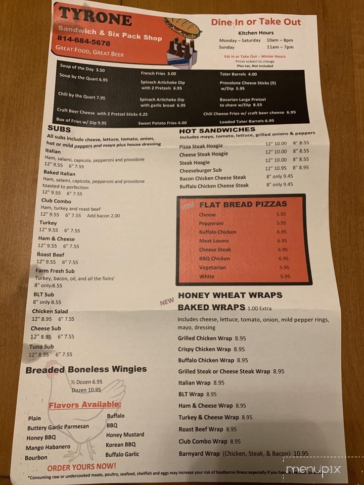 Tyrone Sandwich and Six Pack Shop - Tyrone, PA menu_pic