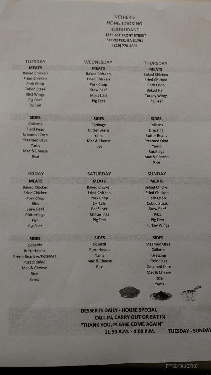 Nether's Restaurant - Sylvester, GA menu_pic