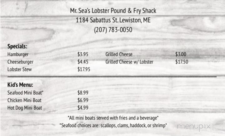 Mr Sea's Lobster Pound - Lewiston, ME menu_pic