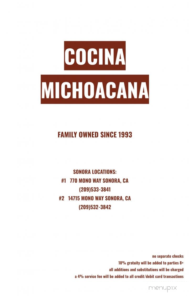 Cocina Michoacana 2 - Sonora, CA menu_pic
