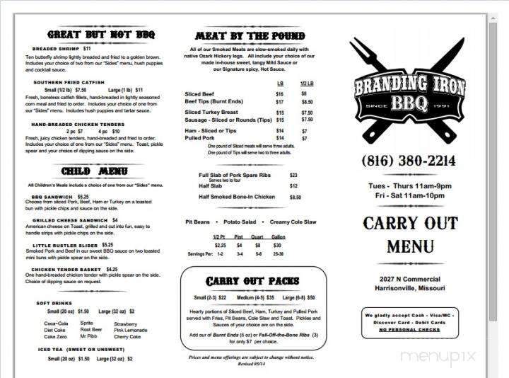 Menu of Branding Iron Barbeque in Harrisonville, MO 64701