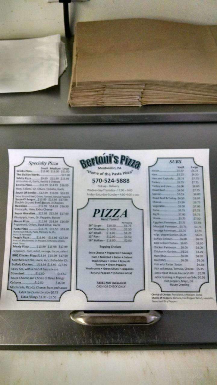Bertoni's Pizza - Montandon, PA menu_pic