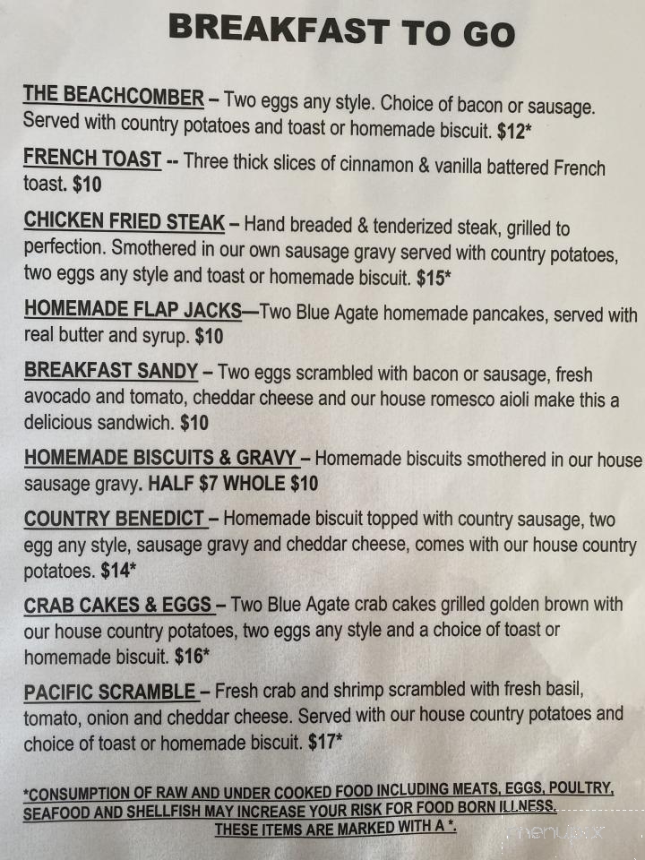 Blue Agate Cafe - Oceanside, OR menu_pic