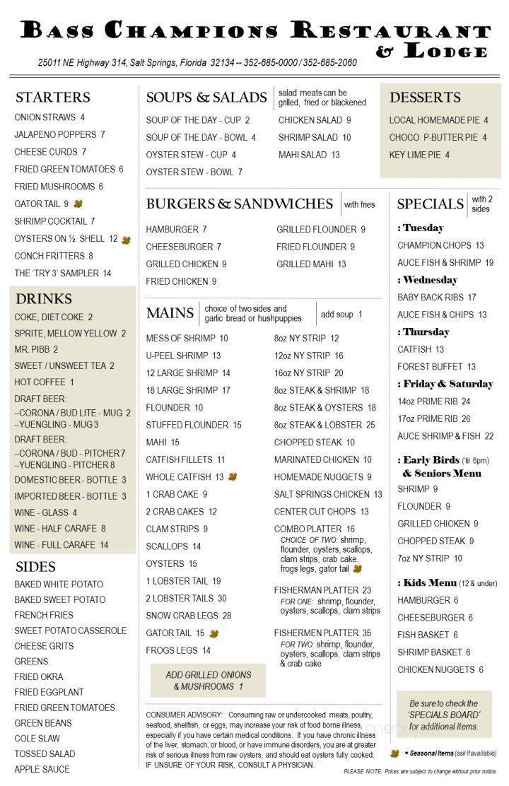 Bass Champions Restaurant & Lodge - Fort McCoy, FL menu_pic