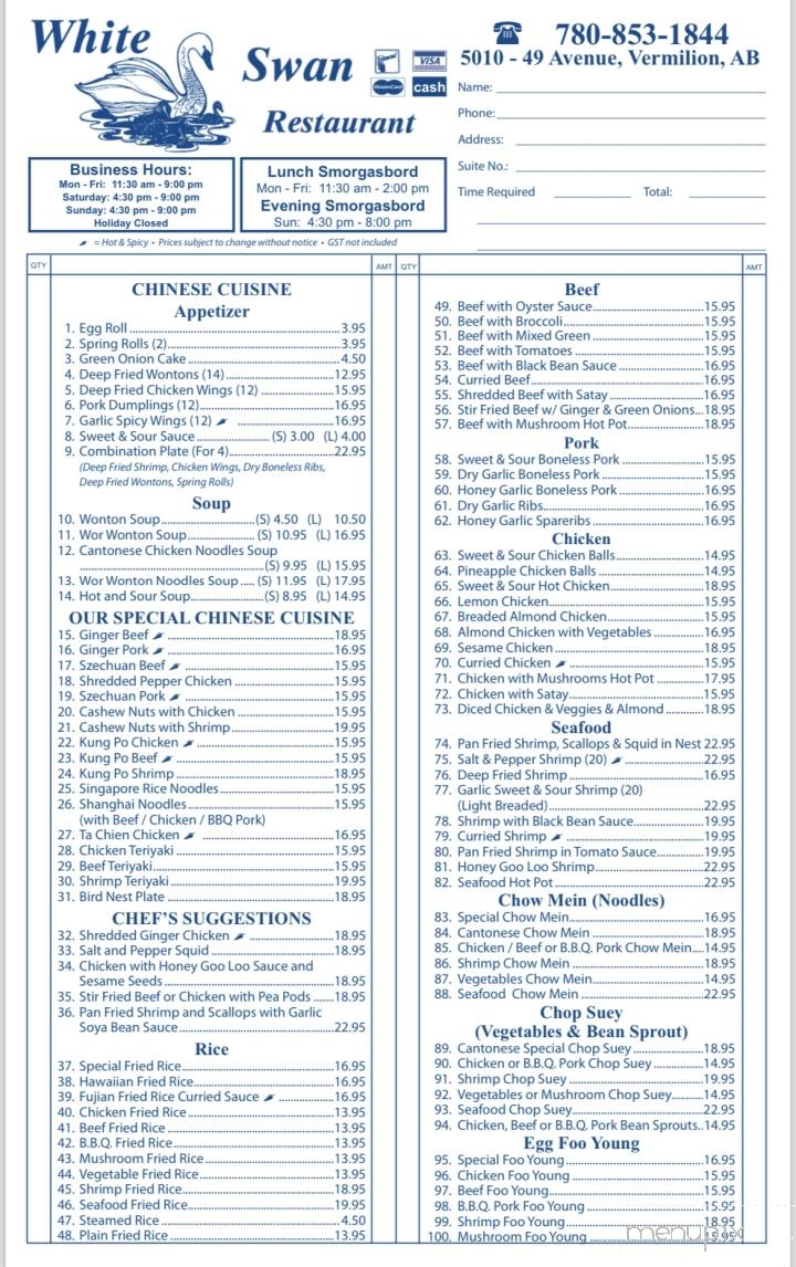 White Swan Restaurant - Vermilion, AB menu_pic