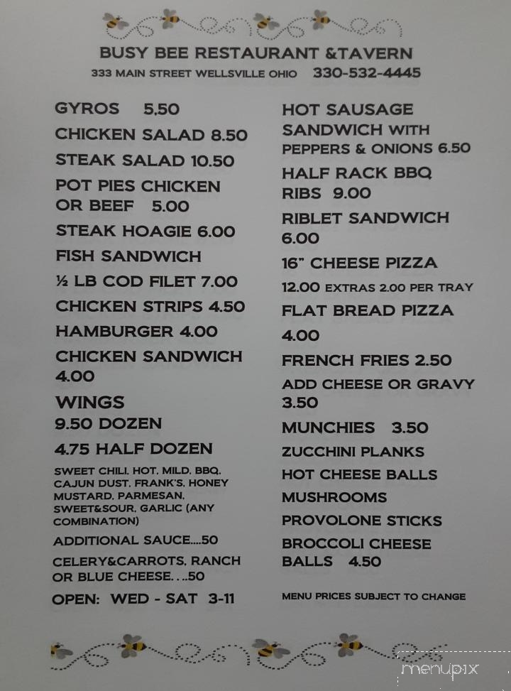 Busy Bee Restaurant & Tavern - Wellsville, OH menu_pic