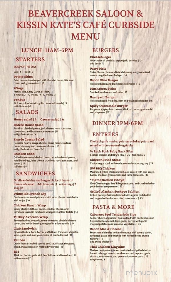 Beavercreek Saloon & Kissin Kate's - Beavercreek, OR menu_pic