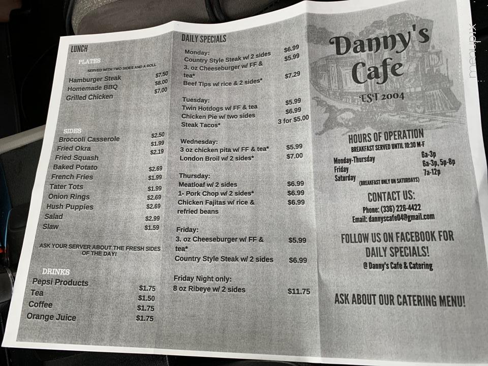Danny's Cafe - Burlington, NC menu_pic