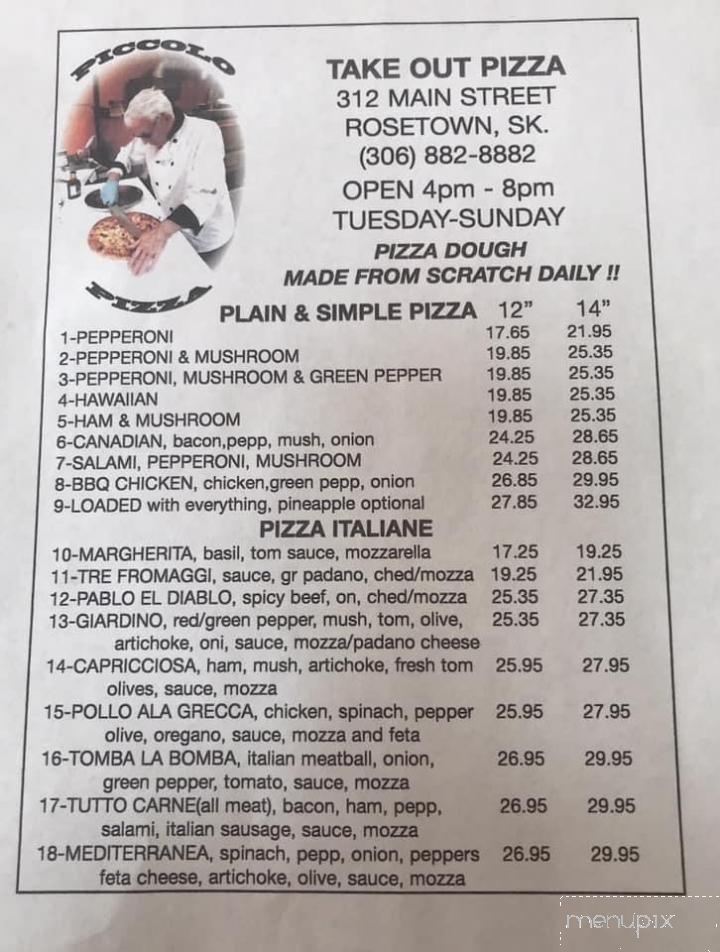 Menu of Pizzeria Piccolo in Rosetown, SK S0L 2V0