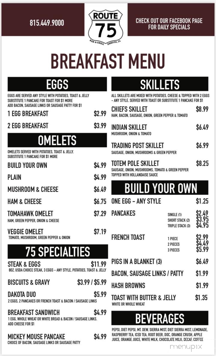 Route 75 Bar & Grill - Dakota, IL menu_pic