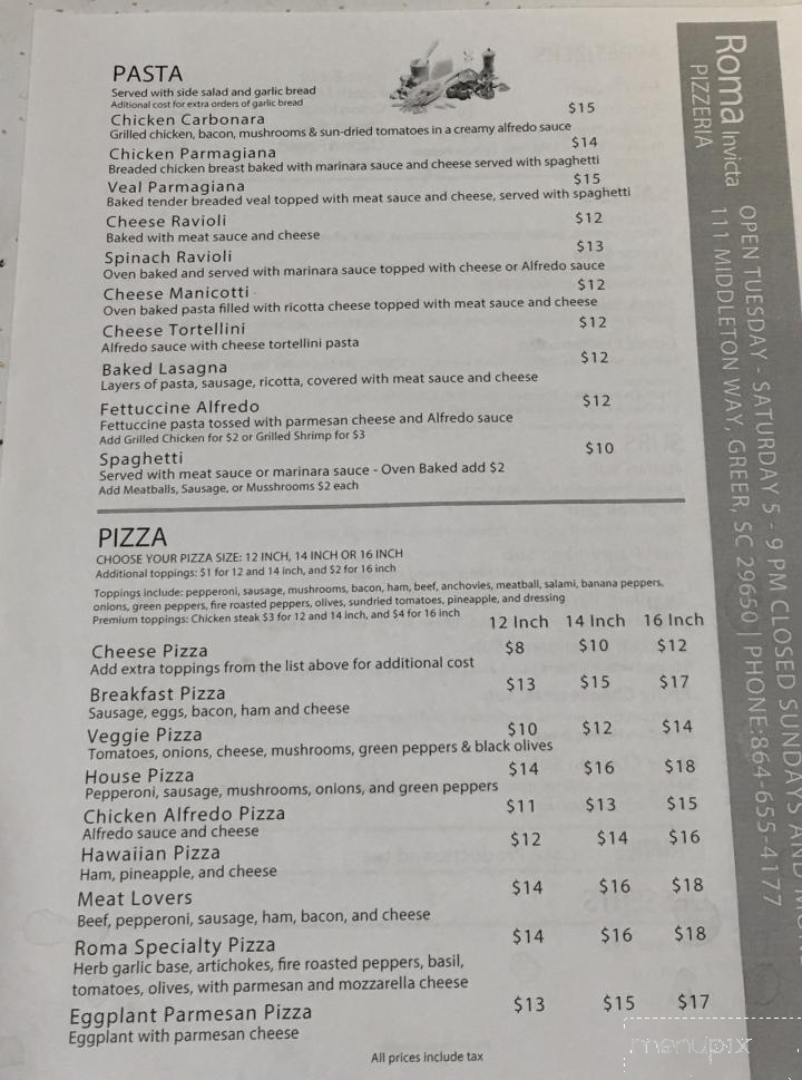 Roma Invicta Pizzeria - Greer, SC menu_pic