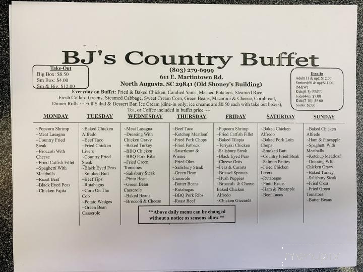 BJ's Country Buffet - North Augusta, SC menu_pic