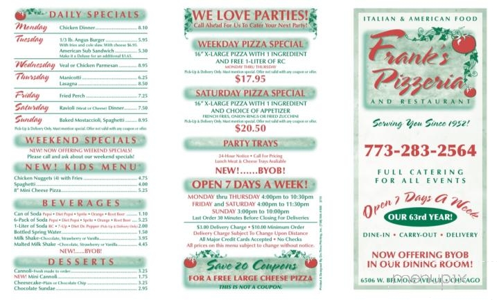 Frank's Pizzeria - Chicago, IL menu_pic
