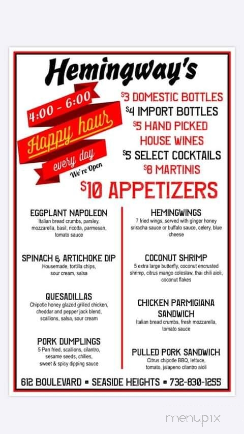 Hemingway's - Seaside Heights, NJ menu_pic