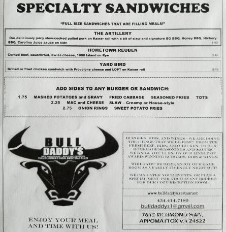 Bull Daddy's Restaurant, Bar, and Gameroom - Appomattox, VA menu_pic