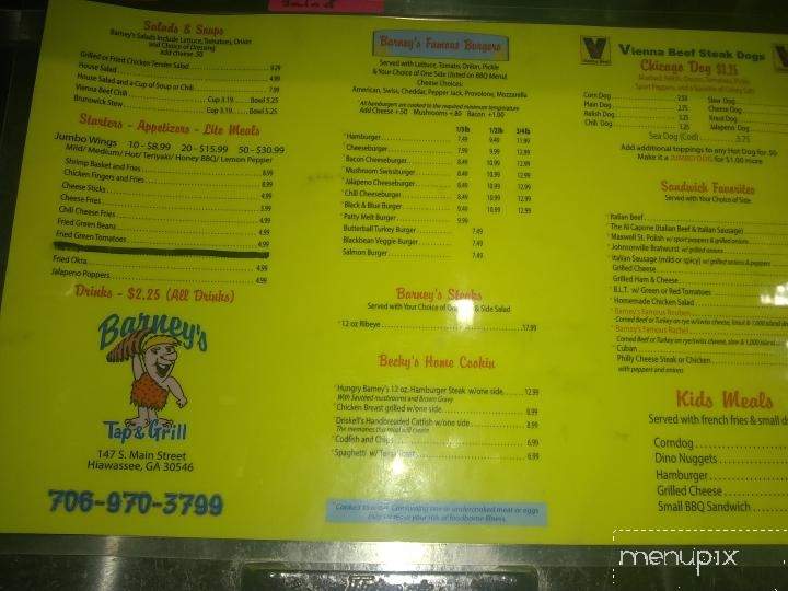 Barney's Tap & Grill - Hiawassee, GA menu_pic