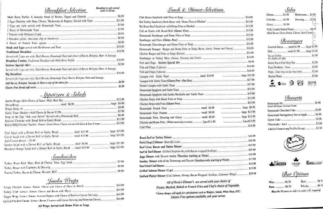 Rosie's Restaurant and Bakery - Gander, NL menu_pic