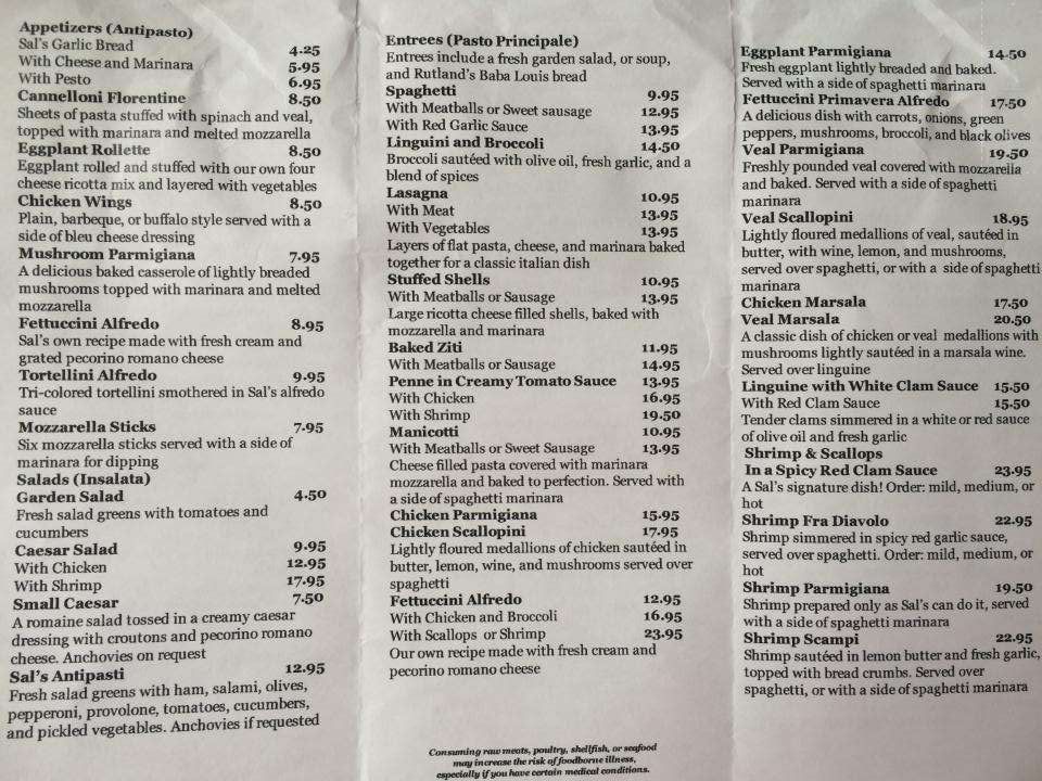 Sal's South - Wallingford, VT menu_pic