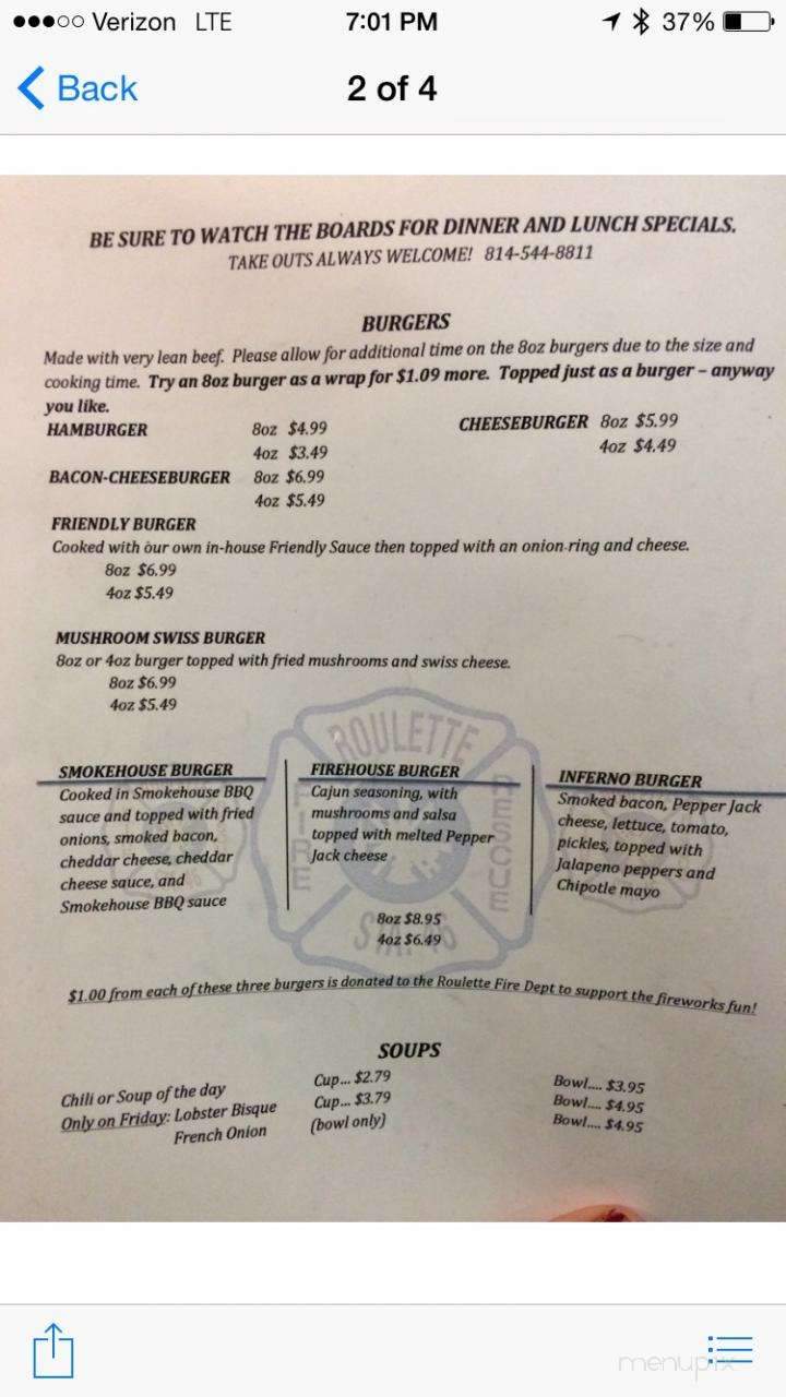 Friendly Inn - Roulette, PA menu_pic