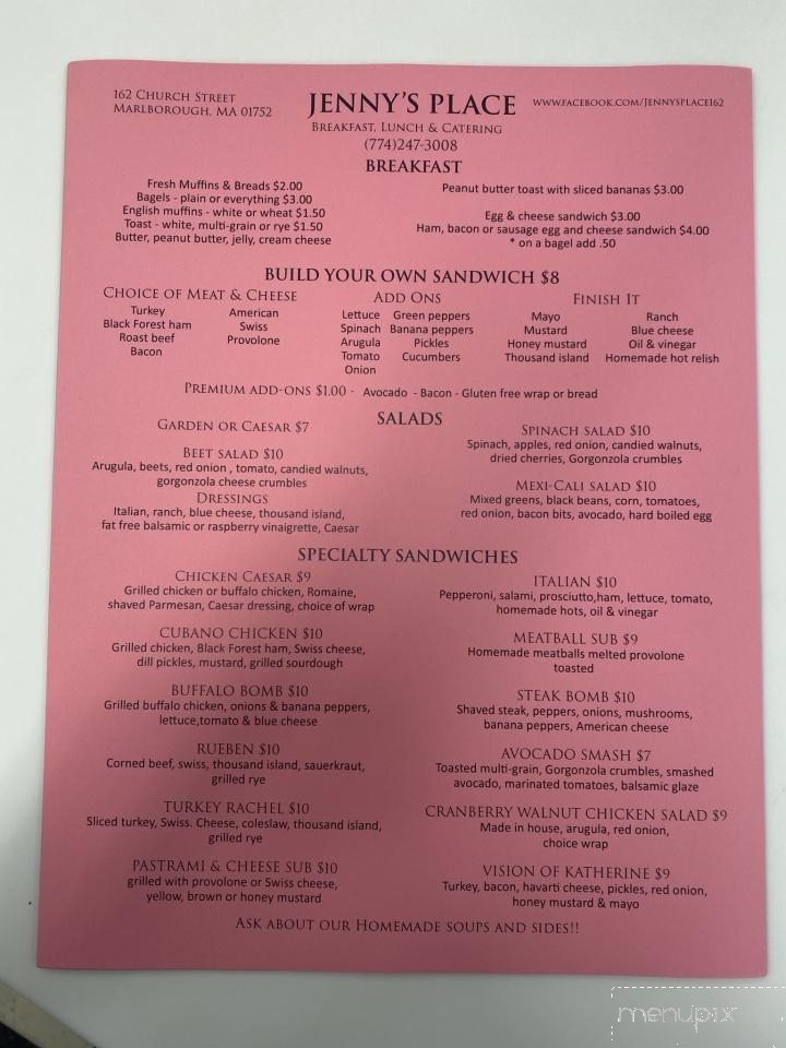Jenny's Place - Marlboro, MA menu_pic