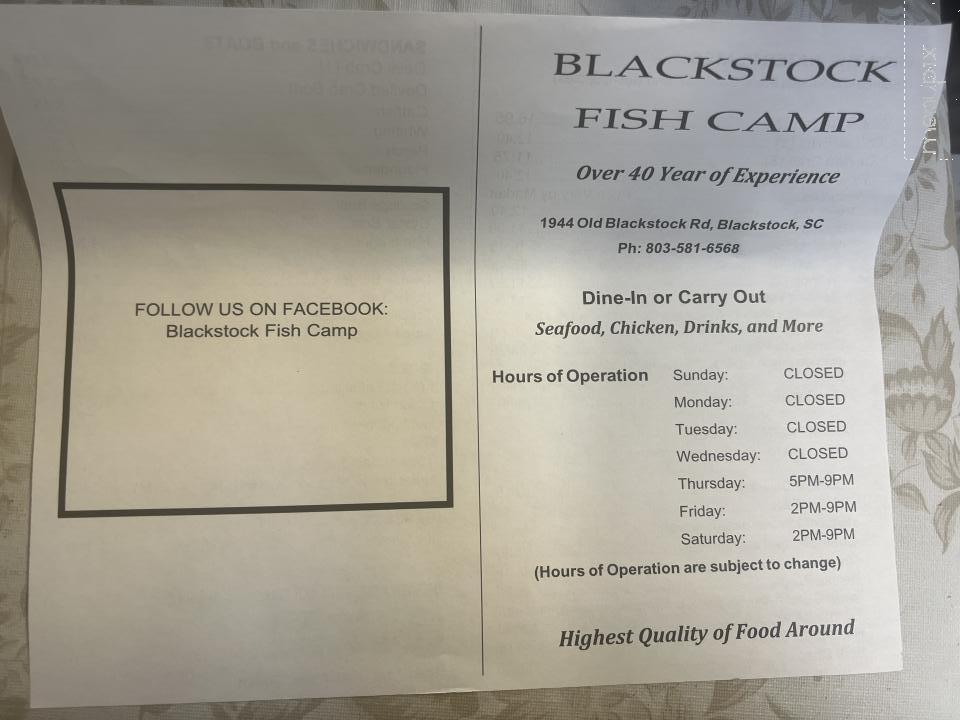 Blackstock Fish Camp - Blackstock, SC menu_pic