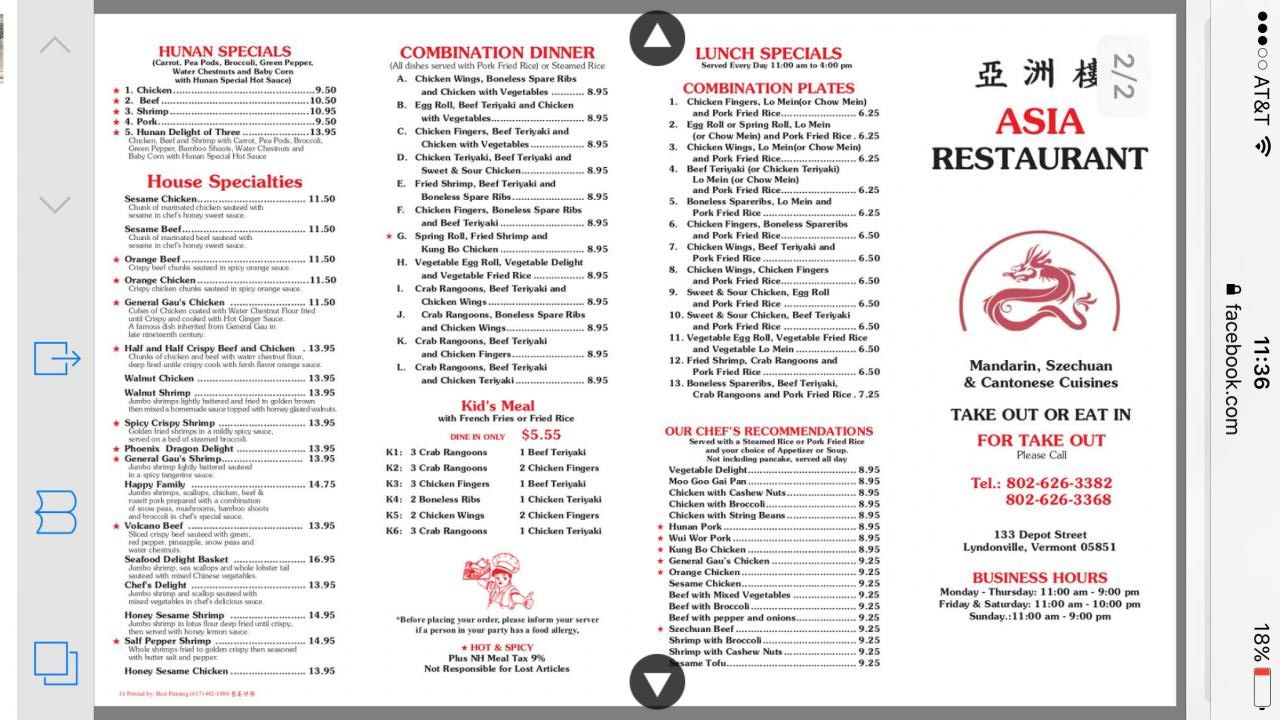 Asia Restaurant - Lyndonville, VT menu_pic