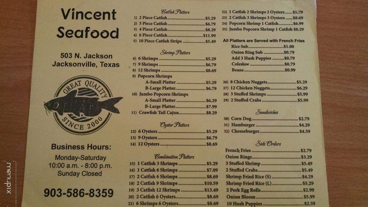 Vincent Seafood - Jacksonville, TX menu_pic