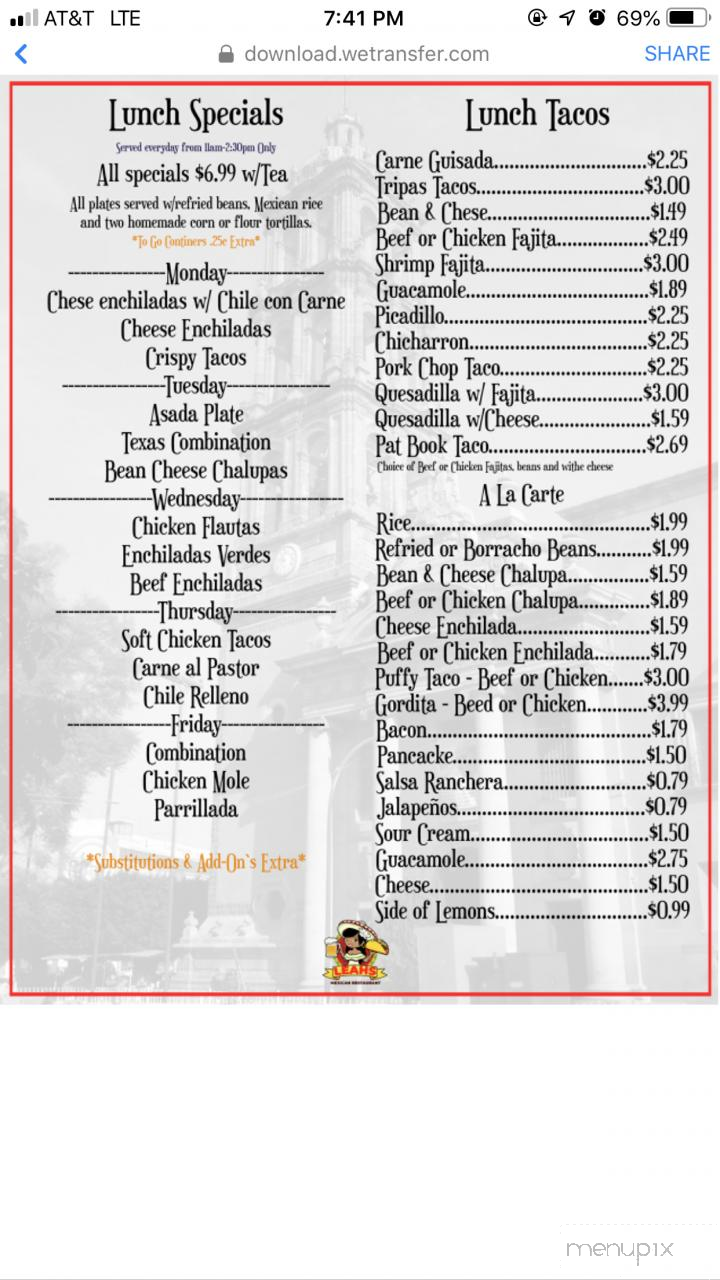 Leah's Mexican Restaurant - Converse, TX menu_pic
