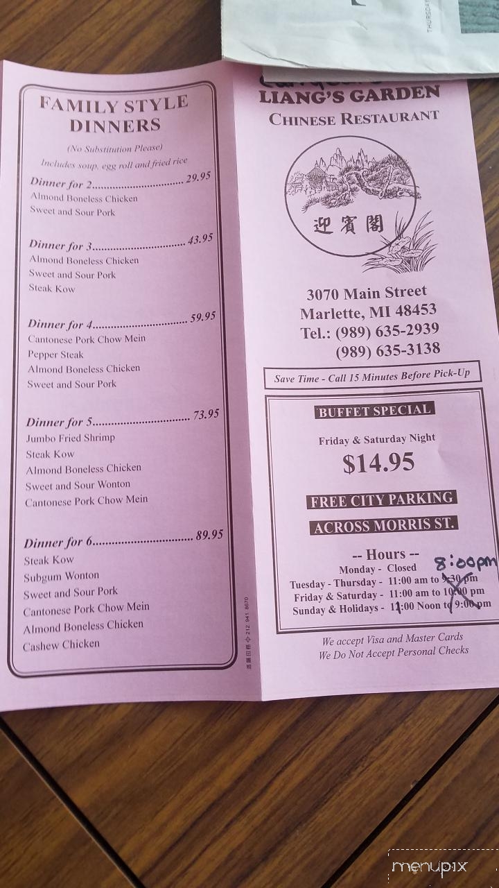 Liang's Garden - Marlette, MI menu_pic