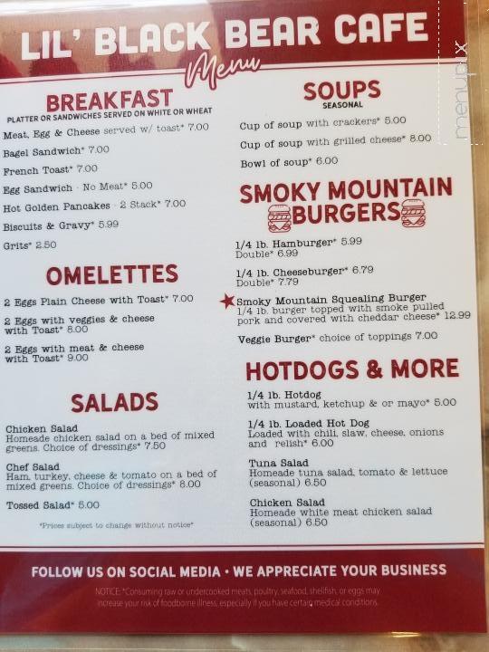 lil Black Bear Cafe - Pigeon Forge, TN menu_pic