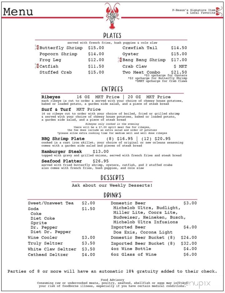 P-Reaux Cajun Mudbugs & Shrimp - Yazoo City, MS menu_pic