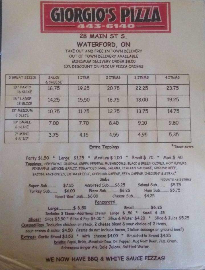 Giorgio's Pizza - Waterford, ON menu_pic