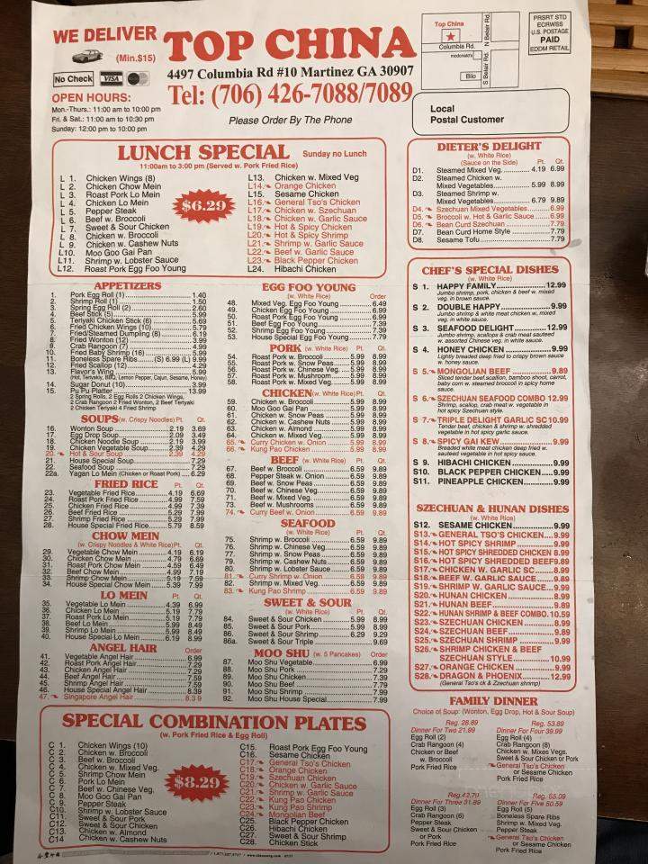 Menu of Top China in Augusta, GA 30907