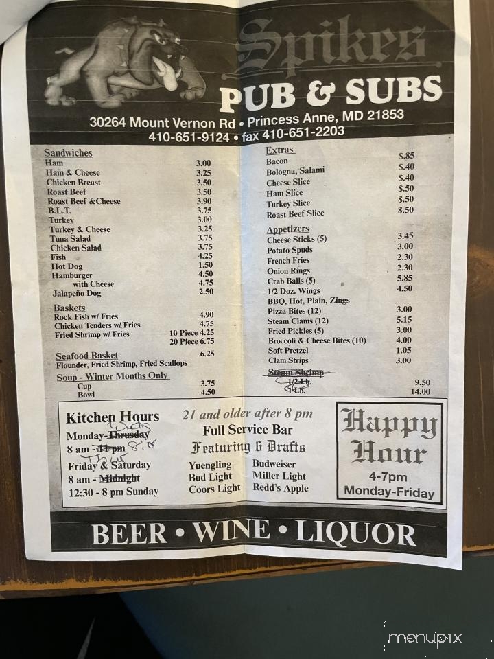 Spikes Pub & Subs - Princess Anne, MD menu_pic