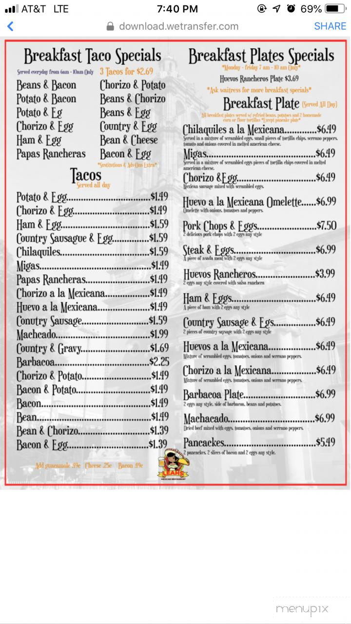Leah's Mexican Restaurant - Converse, TX menu_pic