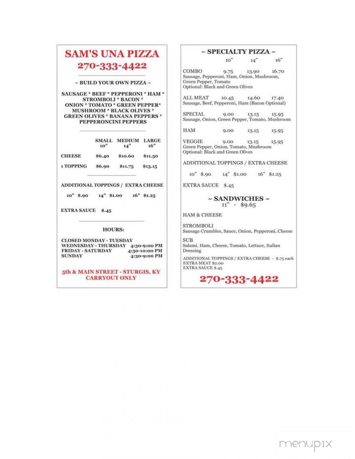 Sam's Una Pizza - Sturgis, KY menu_pic
