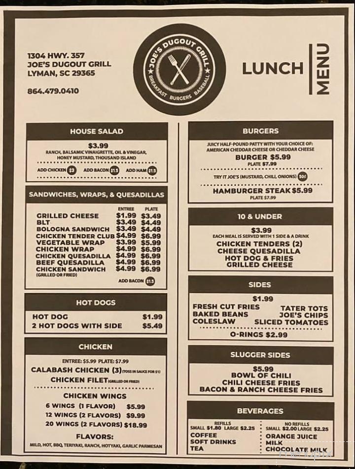 Joe's Dugout Grill - Lyman, SC menu_pic