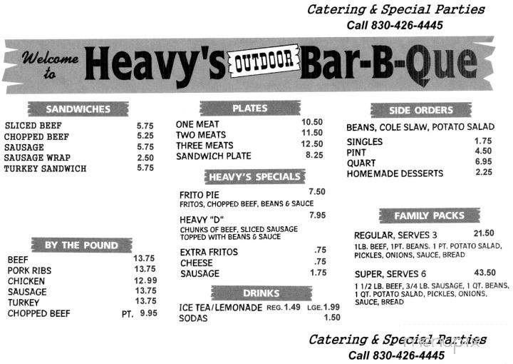 Heavy's Outdoor Barbeque - Hondo, TX menu_pic