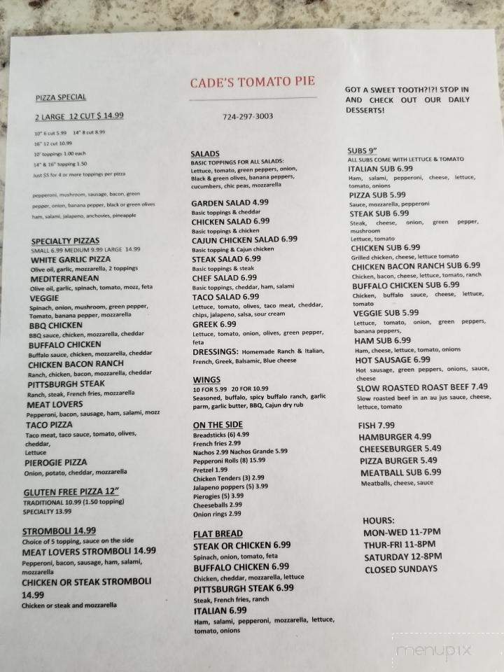 Cade's Tomato Pie - Worthington, PA menu_pic