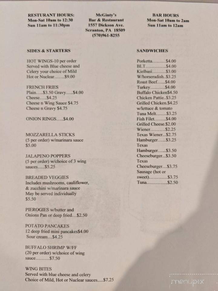 McGinty's Bar & Restaurant - Scranton, PA menu_pic