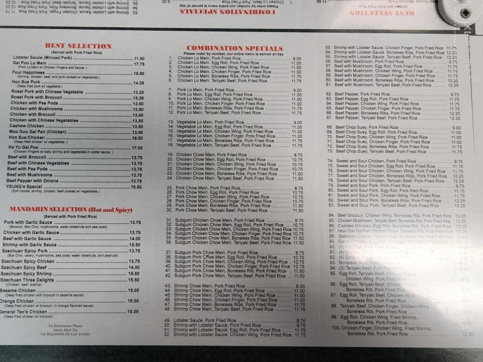 Yeung's Chinese Restaurant - Sabattus, ME menu_pic