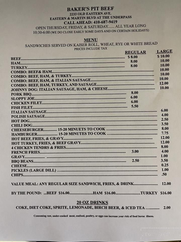 Baker's Pit Beef - Baltimore, MD menu_pic