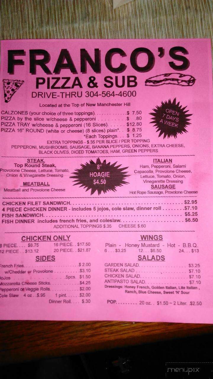 Menu of Franco's Pizza & Subs in New Manchester, WV 26056