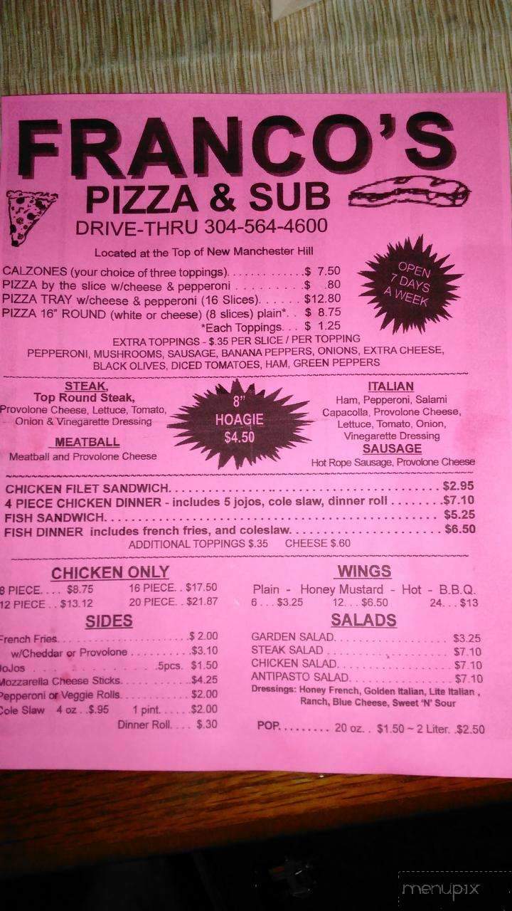 Franco's Pizza & Subs - New Manchester, WV menu_pic