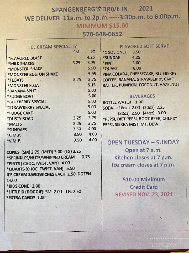 Spangenberg's Family Drive-In - Coal Township, PA menu_pic