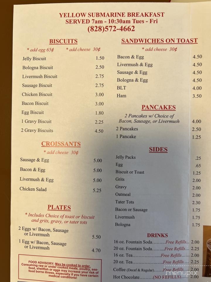 Yellow Submarine Restaurant - Hudson, NC menu_pic