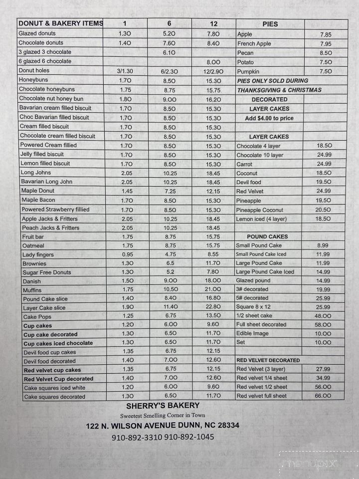 Sherry's Bakery - Dunn, NC menu_pic