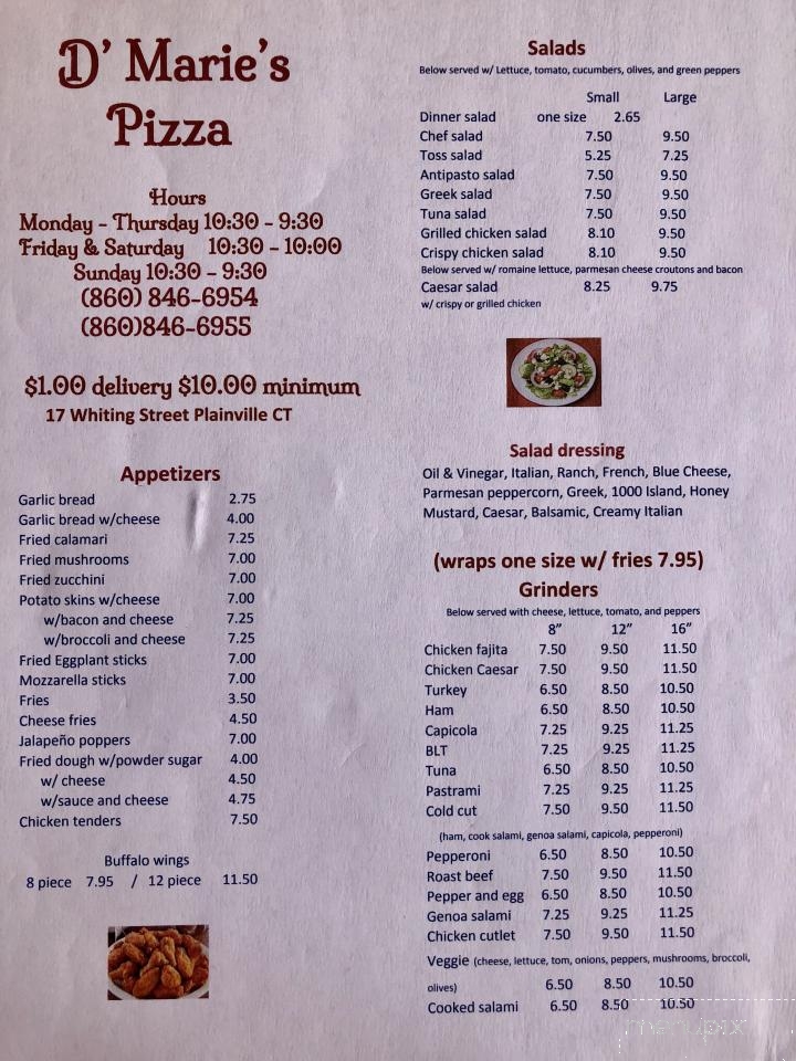 D’marie’s Pizza - Plainville, CT menu_pic